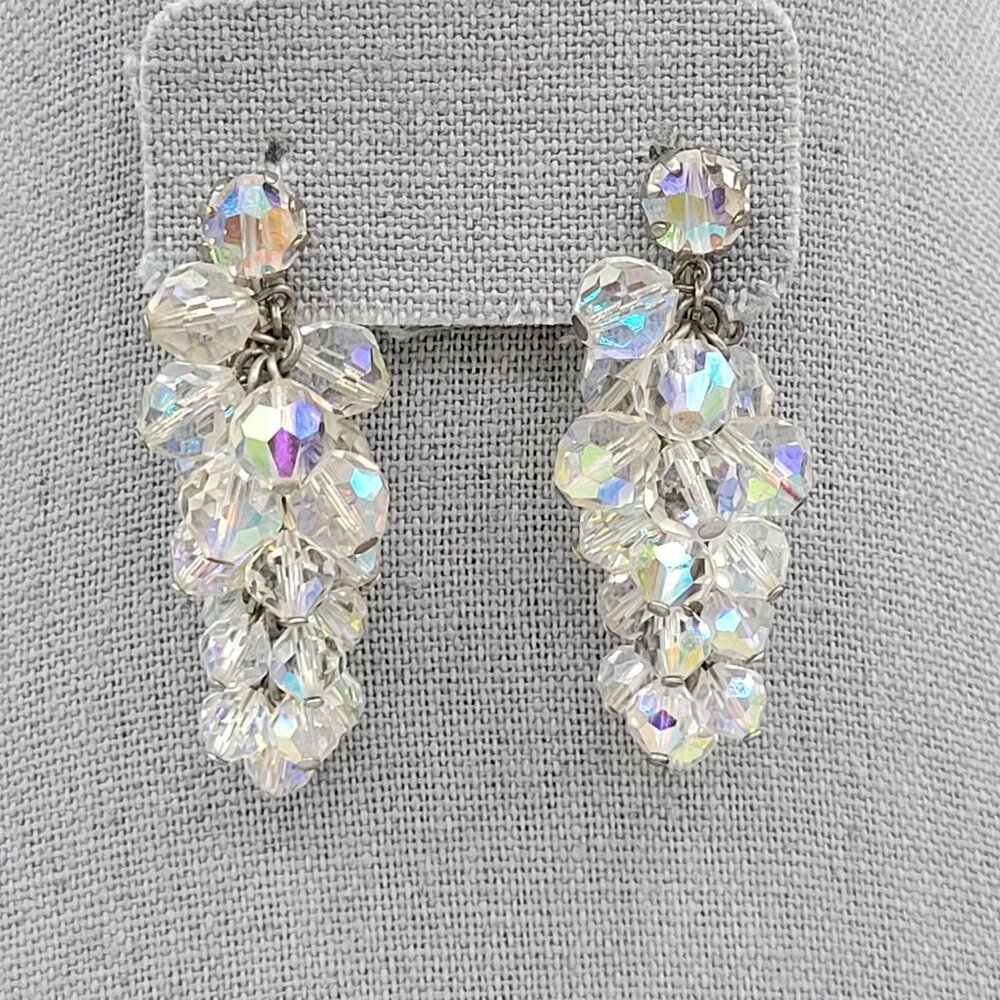 White AB Aurora Borealis Cluster Dangle Clip Earrings Vintage 2 in Length